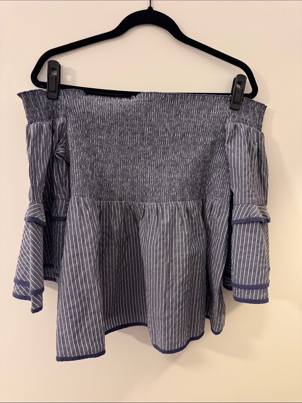 American Eagle Outfitters Navy and White Striped Off-Shoulder Peplum Top